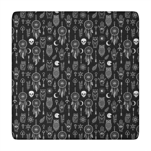 Black White Gothic Dreamcatcher Owl Skull Pattern Square Fitted Tablecloth with Elastic Edge,Square Table Cover,Washable Elastic Table Cover for Home Kitchen Party Decor 34"x34"