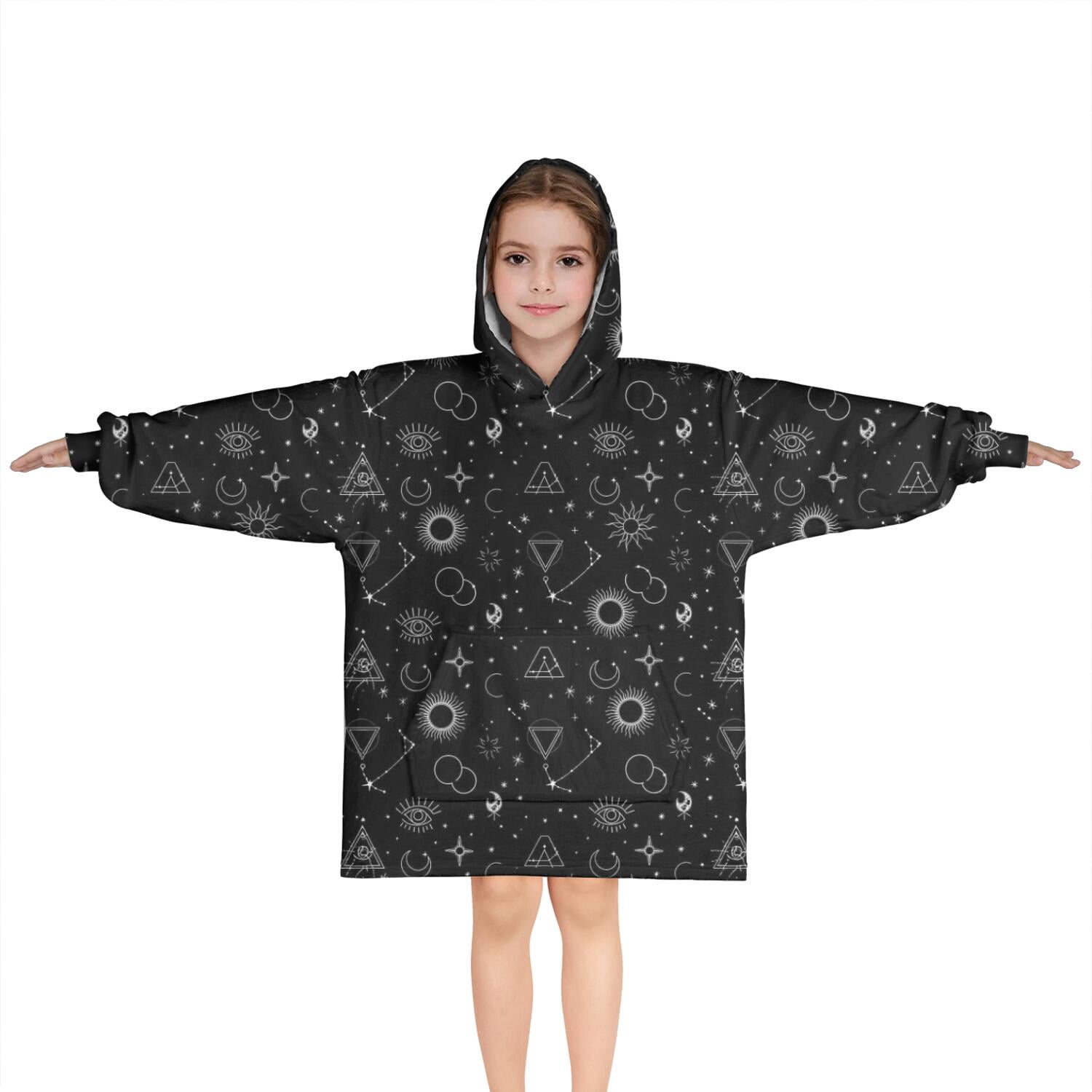 Black White Gothic Geometry Sun Moon Pattern Blanket Hoodies for Kids 6-13YR Oversize Wearable Blanket Hoodies for Boys Girls Teens