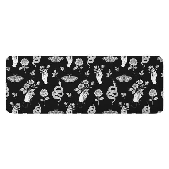 Black White Gothic Hand Flower Snake Moth Pattern Kitchen Rug Mat,Kitchen Runner Rugs Non Skid Washable,Decorative Kitchen Floor Mats for Kitchen,Sink,Laundry,17"x47.2"