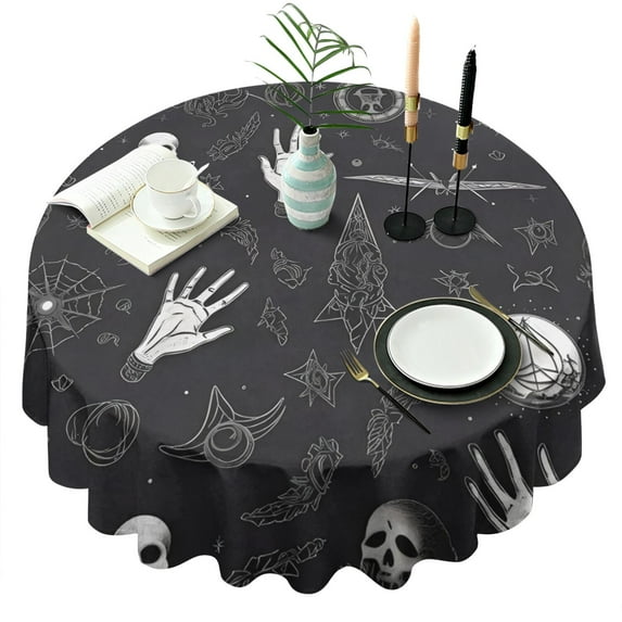 Black White Gothic Hand Skull Pattern Round Tablecloth 60"x60",Wrinkle Wipeable Table Cloth for Kitchen Dining Room Picnic Patio Party
