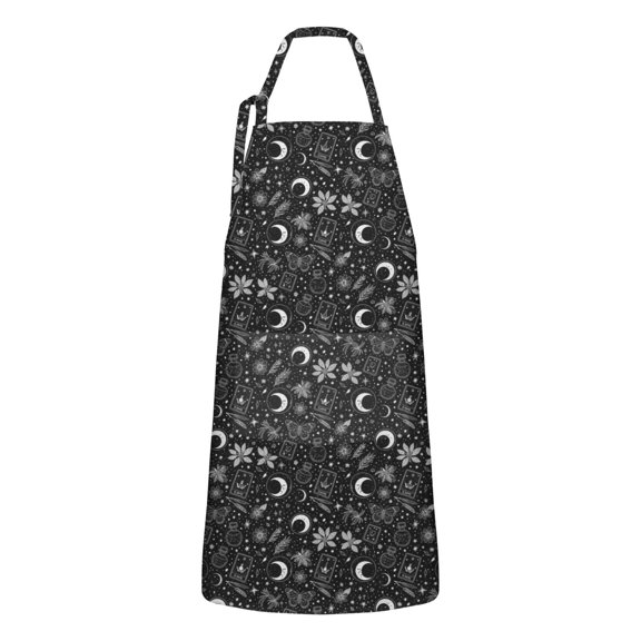 Black White Gothic Moon Flower Card Pattern Apron-Garden Aprons for Women with Pockets-Cotton Linen Waterproof Kitchen Cooking Gardening Aprons Adjustable for Kitchen,Cooking,BBQ and Salon 33x27 Inch