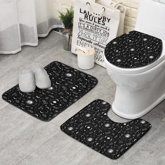 Black White Gothic Moon Flower Leaf Pattern Bathroom Rugs Sets 3 Piece,Toilet Cover Set,Absorbent Non Slip Bathroom Mats Sets with U-Shaped Contour Rug Toilet Rug Set