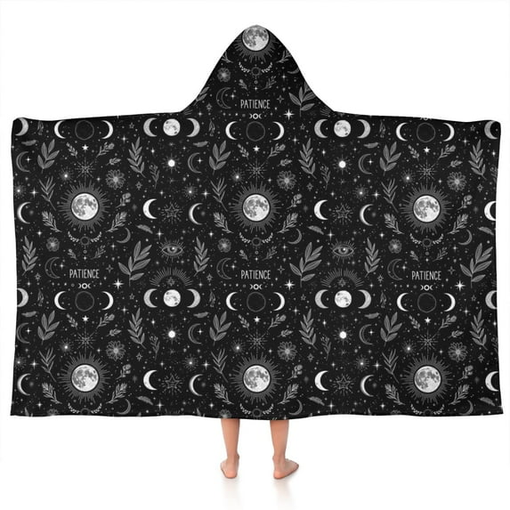 Black White Gothic Moon Flower Leaf Pattern Hooded Bath Towel,50"x30" for Ages 3 To 12 Kids, Quick Dry Lightweight Soft Microfiber Hood Beach Towel Cover Up for Kids
