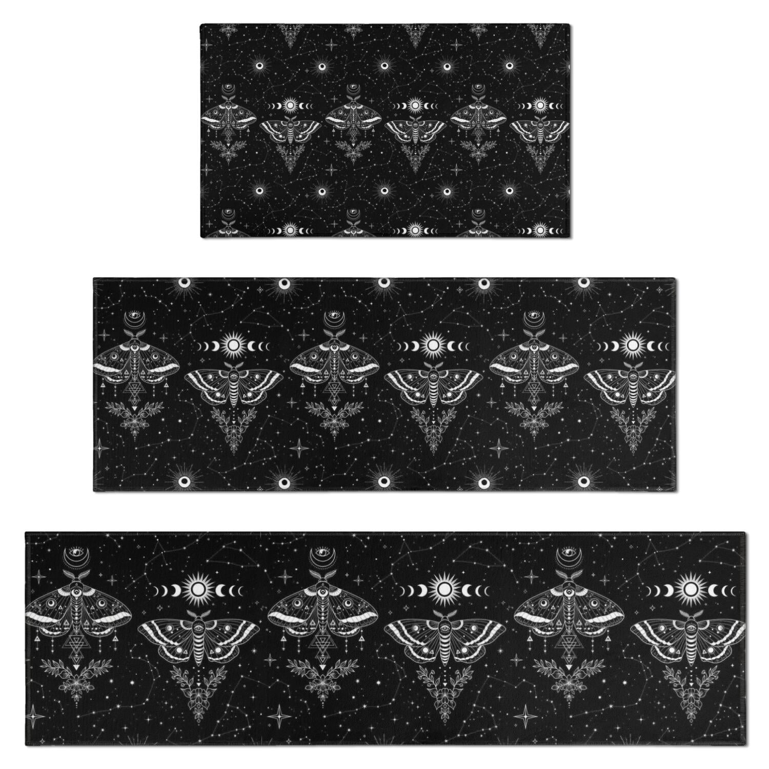 Black White Gothic Moth Star Sun Moon Pattern Kitchen Rugs Sets Of 3 ...