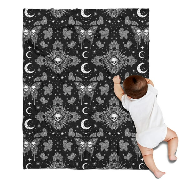 Black White Gothic Skull Butterfly Moon Pattern Blanket,Comfortable Soft Flannel Throw Blanket,All Season,Warm Lightweight Blankets for Sofa Bed Couch Living Room Chair,30"x40"