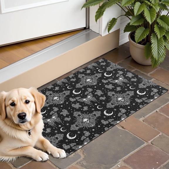 Black White Gothic Skull Butterfly Moon Pattern Door Rugs,Washable Non Slip Door Mats Indoor,Decorative Door Mats,Entry Mat Indoor for Entrance,Bedroom,Kitchen,Bathroom,16"x24"