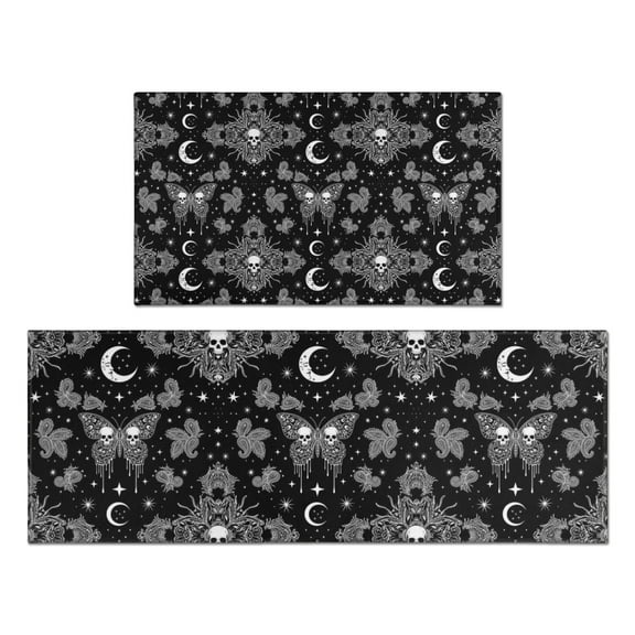 Black White Gothic Skull Butterfly Moon Pattern Kitchen Rugs Sets Of 2,Anti Fatigue Kitchen Mat Rugs Non Slip Washable,Decorative Kitchen Floor Mats for Kitchen,Sink,Laundry,17"x30"+17"x47"