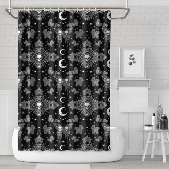 Black White Gothic Skull Butterfly Moon Pattern Shower Curtain 72"x72" ,Bathroom Decorative Shower Curtains Set with 12 Hooks,Modern Waterproof Washable Shower Curtain
