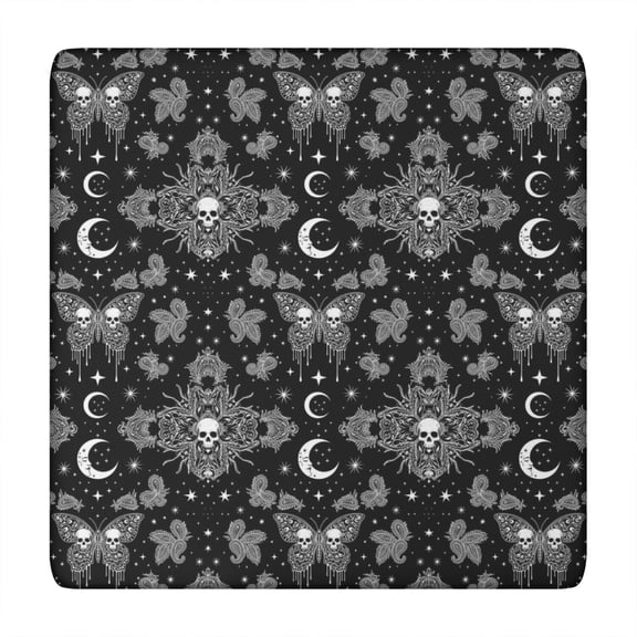 Black White Gothic Skull Butterfly Moon Pattern Square Fitted Tablecloth with Elastic Edge,Square Table Cover,Washable Elastic Table Cover for Home Kitchen Party Decor 34"x34"