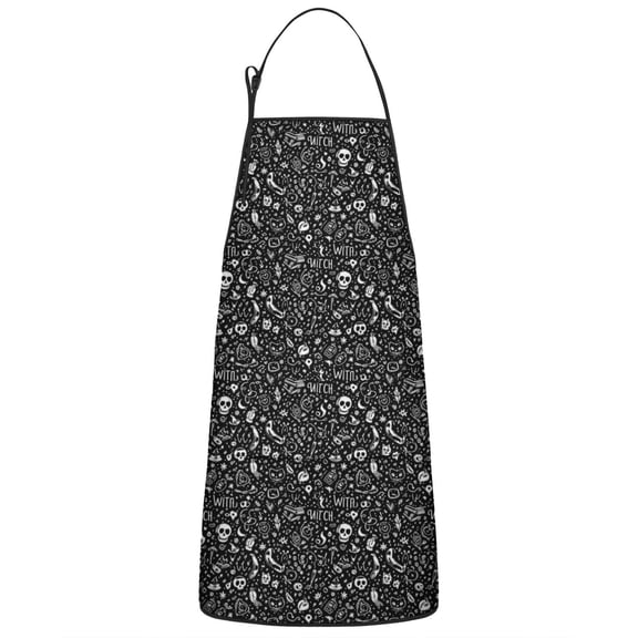 Black White Gothic Witch Skull Pattern Apron-Garden Aprons for Women with Pockets-Cotton Linen Waterproof Kitchen Cooking Gardening Aprons Adjustable for Kitchen,Cooking,BBQ and Salon 33x27 Inch