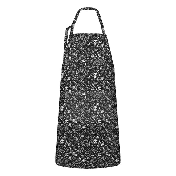 Black White Gothic Witch Skull Pattern Apron-Garden Aprons for Women with Pockets-Cotton Linen Waterproof Kitchen Cooking Gardening Aprons Adjustable for Kitchen,Cooking,BBQ and Salon 33x27 Inch