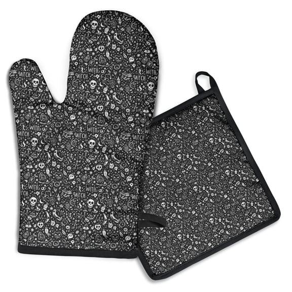 Black White Gothic Witch Skull Pattern Kitchen Oven Mitt and Pot Holder Sets 2 Pcs for Baking, Cooking and Grilling, Heat Resistant Up To 392 °F