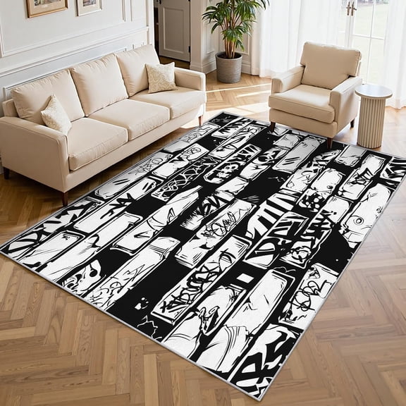 Black White Graffiti Area Rugs, Black White Abstract Hip Hop Street Art Pattern Carpet, Washable Non Slip Low Pile Soft Rug for Living Room Bedroom Decor Mat 5x8ft