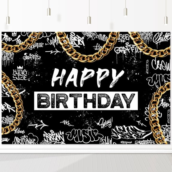 Black White Graffiti Backdrop Banner - Gold Chain Urban Design for Hip Hop Theme Party, Rap Music Photography, Street Style Decor 72x43 Inch
