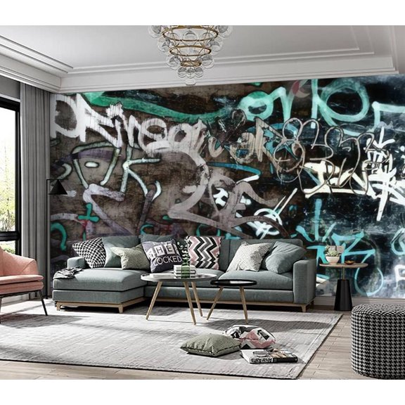 Black and White Graffiti on a Wall PVC Print Wallpaper Mural Peel and Stick Wall Decals Sticker Self Adhesive Poster Home Decor for Bedroom Living Room Multicolor 100*144 inch$$Tools