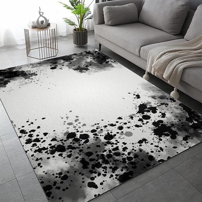 Black White Gray Art Area Rug, Abstract Spots Doodle Decorative Rug ...