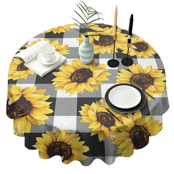 Black White Gray Checker Sunflower Pattern Round Tablecloth 60"x60",Wrinkle Wipeable Table Cloth for Kitchen Dining Room Picnic Patio Party