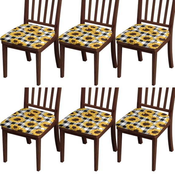 Black White Gray Checker Sunflower Pattern Seat Covers for Dining Room Chairs Set Of 4,Stretch Printed Washable Chair Seat Cover with Elastic Ties and Button,Removable Waterproof Couch Cushion Covers