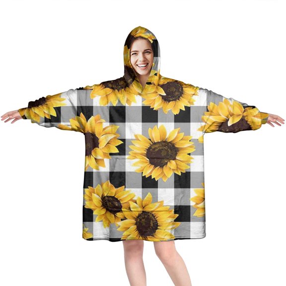 Black White Gray Checker Sunflower Pattern Wearable Oversized Blanket,Wearable Blanket Hoodie for Adults,Cozy Hooded Blankets with Super Pockets,Super Warm Fuzzy Pullover for Women & Men