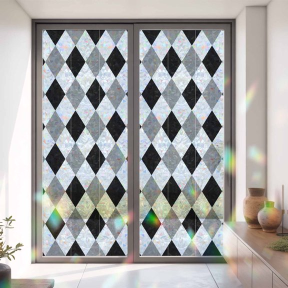 Black White Gray Diamond Window Privacy Film,Decorative Windows Static Cling Abstract Geometric Style Heat Control Removable Glass Sticker for Home Bathroom Bedroom Window Door,35x79in