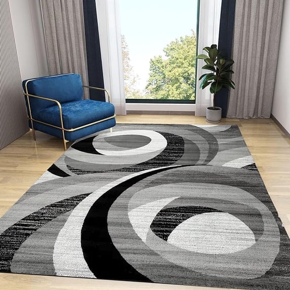 Black And White Gray Geometric Irregular Stripes Area Rugs, Modern Abstract Boho Circle Art Decorative Rug, With Anti-Slip Easy Clean Carpet For Living Room Bedroom Dining Room 3' x 4'