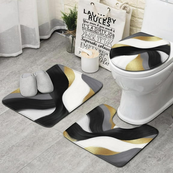 Black White Gray Gold Marble Pattern Bathroom Rugs Sets 3 Piece,Toilet Cover Set,Absorbent Non Slip Bathroom Mats Sets with U-Shaped Contour Rug Toilet Rug Set