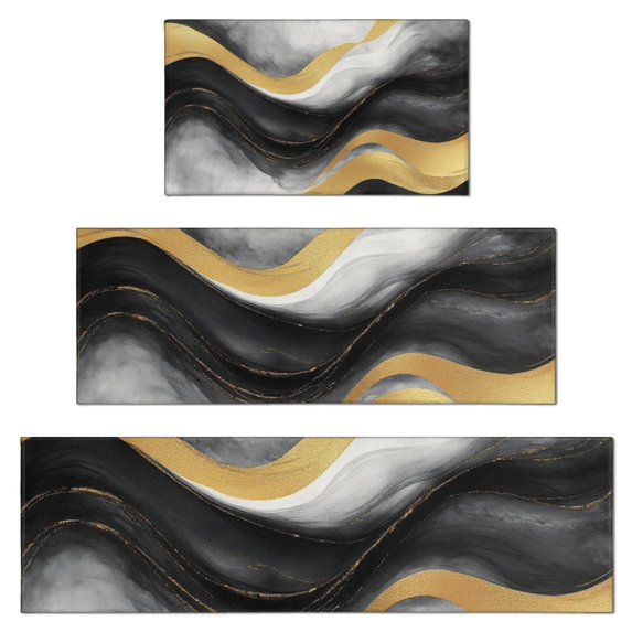 Black White Gray Gold Marble Pattern Kitchen Rugs Sets Of 3,Kitchen Runner Rugs Non Skid Washable,Decorative Kitchen Floor Mats for Kitchen,Sink,Laundry,17"x30"+ 17"x47" + 17"x59"