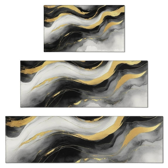 Black White Gray Gold Marble Pattern Kitchen Rugs Sets Of 3,Kitchen Runner Rugs Non Skid Washable,Decorative Kitchen Floor Mats for Kitchen,Sink,Laundry,17"x30"+ 17"x47" + 17"x59"