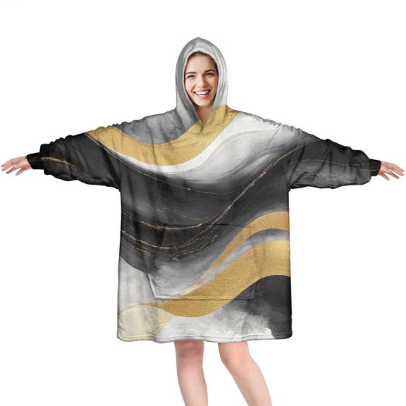 Black White Gray Gold Marble Pattern Wearable Oversized Blanket,Wearable Blanket Hoodie for Adults,Cozy Hooded Blankets with Super Pockets,Super Warm Fuzzy Pullover for Women & Men