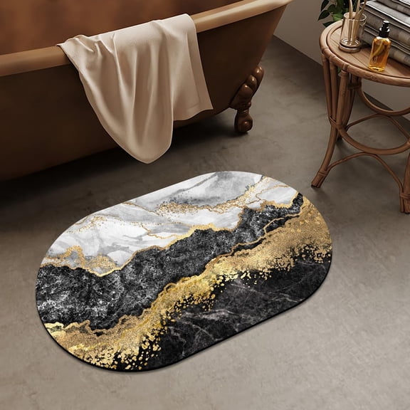 Black White Gray Gold Marble Super Absorbent Quick-Drying Bathroom Mat Rug, Rubber Non-Slip Bottoms, Easy to Clean,Ultra Thin Bathroom Rugs Fit Under Door and Bathtub(16×24Inch)