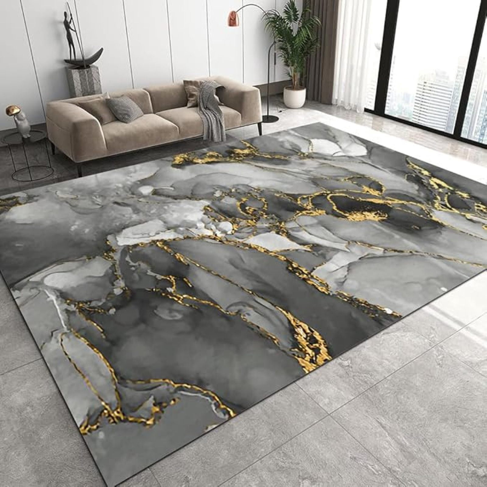 Black White Gray Ink Texture Living Room Rugs, Abstract Golden Marble ...