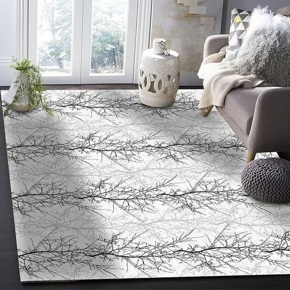 Black White Gray Lines Area Rug, Abstract Plant Branches Outdoor Carpet, Rug With Non-Slip Backing Washed For Living Room Bedroom Kitchen Dining Room Home Office Floor Rug 4 x 6ft