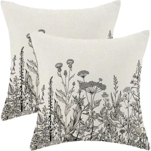 Black White Gray Pillow Covers 16x16 Inch Set of 2, Spring Wildflower Plant Throw Pillows Case,Seasonal Floral Outdoor Decorative Flowers Farmhouse Decor Cushion Covers for Home Sofa Bed Couch
