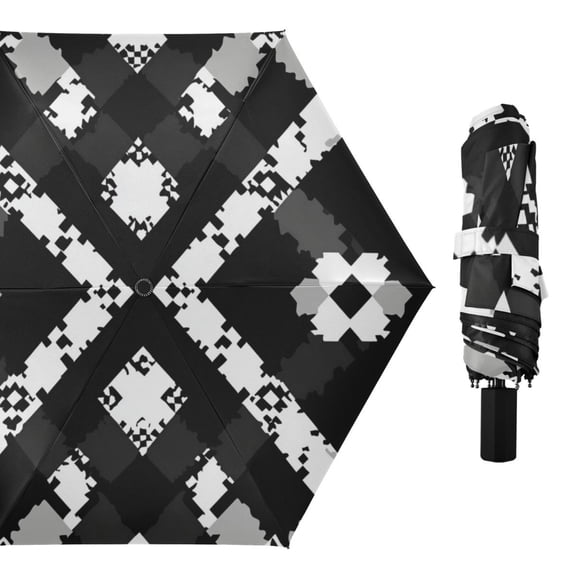 Black White Gray Pixel Pattern All Weather Umbrella Triple Folding Parasol 6 Ribs UV Protection Portable