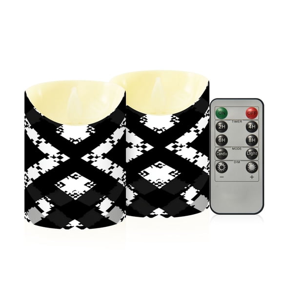 Black White Gray Pixel Pattern Flickering Flameless Candles with Remote Timer Battery Operated LED Tealight Set of 2 S