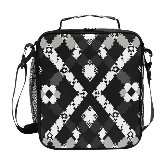 Black White Gray Pixel Pattern Insulated Lunch Bag Reusable Lunch Box Lunch Container with Straps