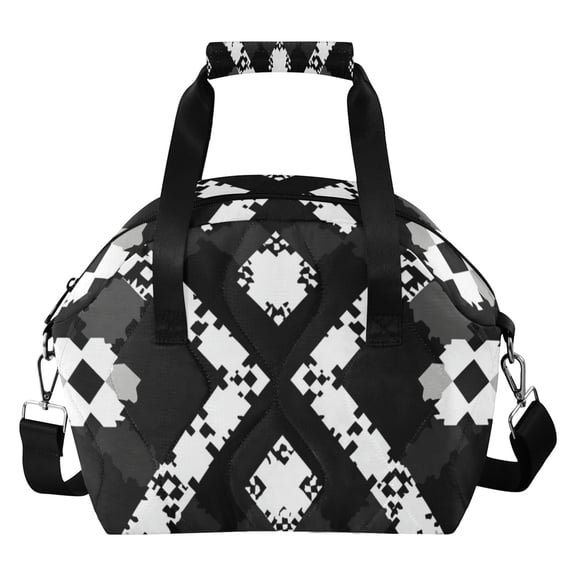 Black White Gray Pixel Pattern Insulated Lunch Bag Reusable Quilted Lunch Box Waterproof Leakproof Lunch Container