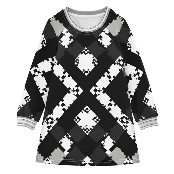 Black White Gray Pixel Pattern Long-sleeved Dress A-line One-Piece Dress for 2-8 Years Casual Party 5-6Y