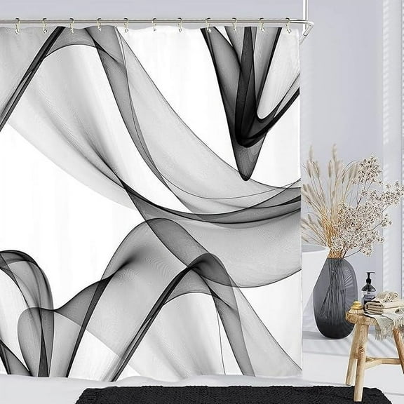 Black White Gray Shower Curtain Set Abstract Modern Contemporary Art Waves 3D Polyester Waterproof Bathroom Curtain With 12 Hooks 54"W x 72"L (Pack of 1)