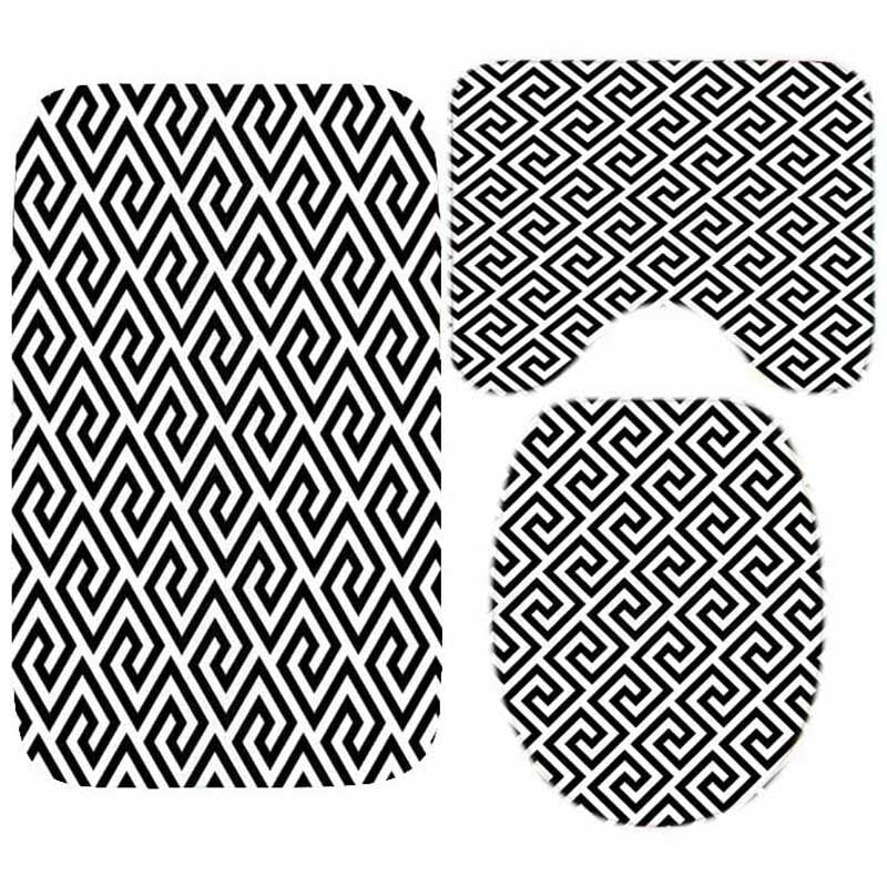 Black White Greek Key Bath Mat Set for Bathroom Elegant Meander Border