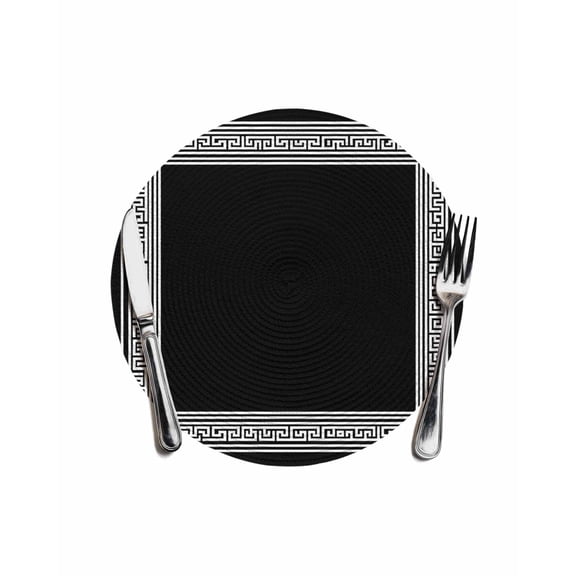 Black White Greek Key Pattern Round Table Placemats 1 pc, Geometric Modern Washable Woven Place Mats for Dining Tables Kitchen Party Decor,Heat Proof, 13in,