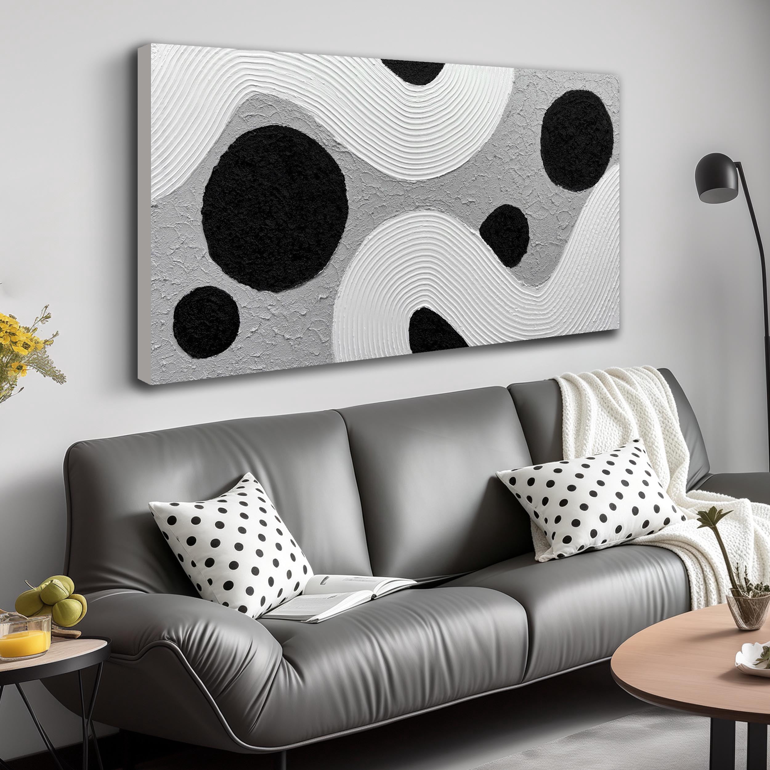Black White Grey Abstract Wall Art Picture, Modern Circle Dot Curved ...