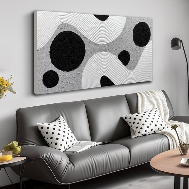 Black White Grey Abstract Wall Art Picture, Modern Circle Dot Curved ...