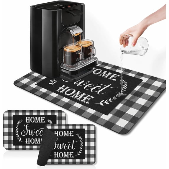Black White Grey Buffalo Grid Coffee Mat Set (2 Pcs): 12x19in Absorbent Rubber Backed Dish Drying Mat – Fits Under Coffee Maker Espresso Machine – Hide Stains Kitchen Bar Accessory