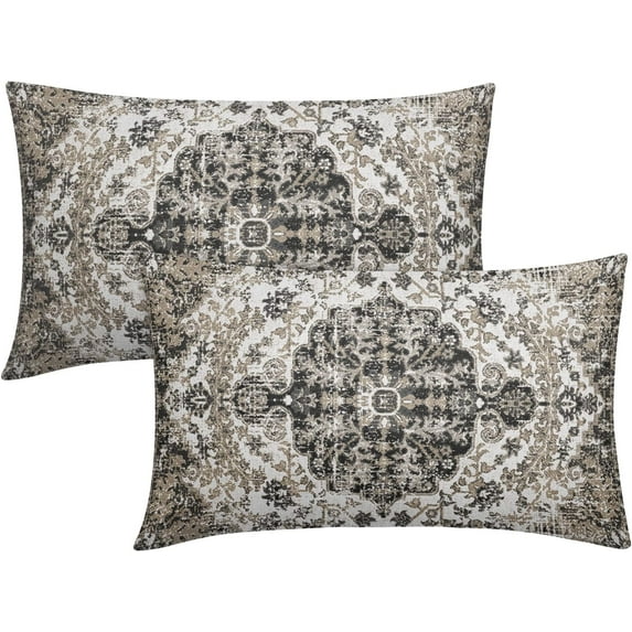 Black White Grey Ethnic Boho Rectangular Throw Pillow Covers 12X20 in Set of 2 Bohemian Carpet Vintage Lumbar Pillow Cases Black Gray Floral Rug Pillow Cover Home Decor for Couch Patio Porch Outdoor