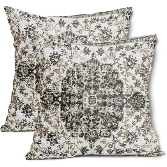 Black White Grey Ethnic Boho Throw Pillow Covers 18X18 Inches Set of 2 Bohemian Carpet Vintage Pillow Cases Black Gray Floral Rug Pillow Cover Farmhouse Home Decor for Room Couch Patio Porch Outdoor