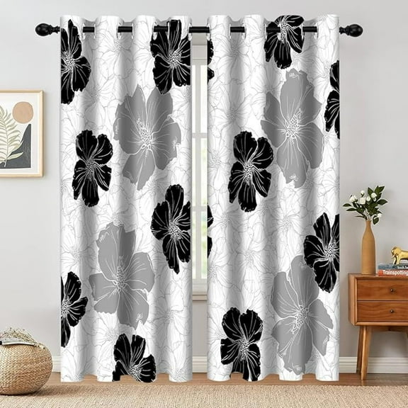 Black White Grey Floral Blackout Curtains, Boho Flowers Print Decor For Home Bedroom Living Room Grommet Window Darkening Drapes 2 Panel Set 26"W x 63"L (Pack of 2)