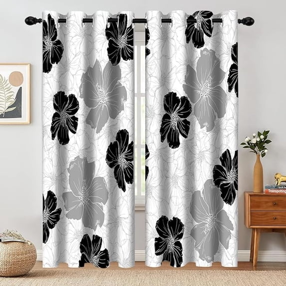 Black White Grey Floral Blackout Curtains, Boho Flowers Print Decor For Home Bedroom Living Room Grommet Window Darkening Drapes 2 Panel Set 53"W x 84"L (Pack of 2)