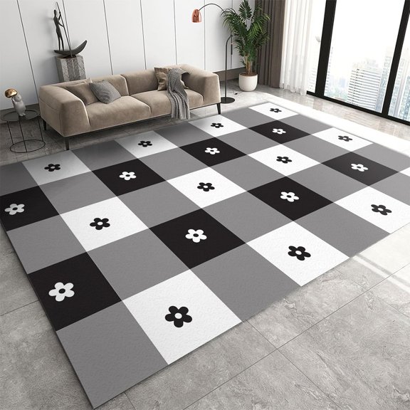 Black White and Grey Geometric Squares Area Rug, Abstract Floral Print Pattern Bedroom Rugs, Anti-Slip Backing Washable Indoor Carpet for Living Room Bedroom Dining Room 2' x 3'