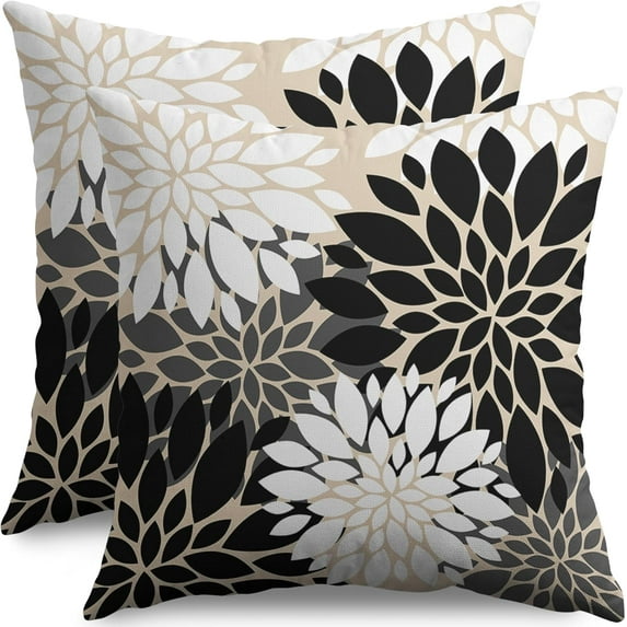 Black White Grey Gray Pillow Covers 20X20 Inch Set of 2, Modern Geometry Dahlia Floral Print Decorative Throw Pillow Covers Outdoor Farmhouse Cushion Case for Home Couch Sofa Bed Decoration